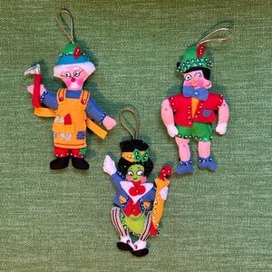 Vtg Bucilla PINOCCHIO Christmas Ornaments Set of 3 Felt Sequin Kitsch Fairy Tale